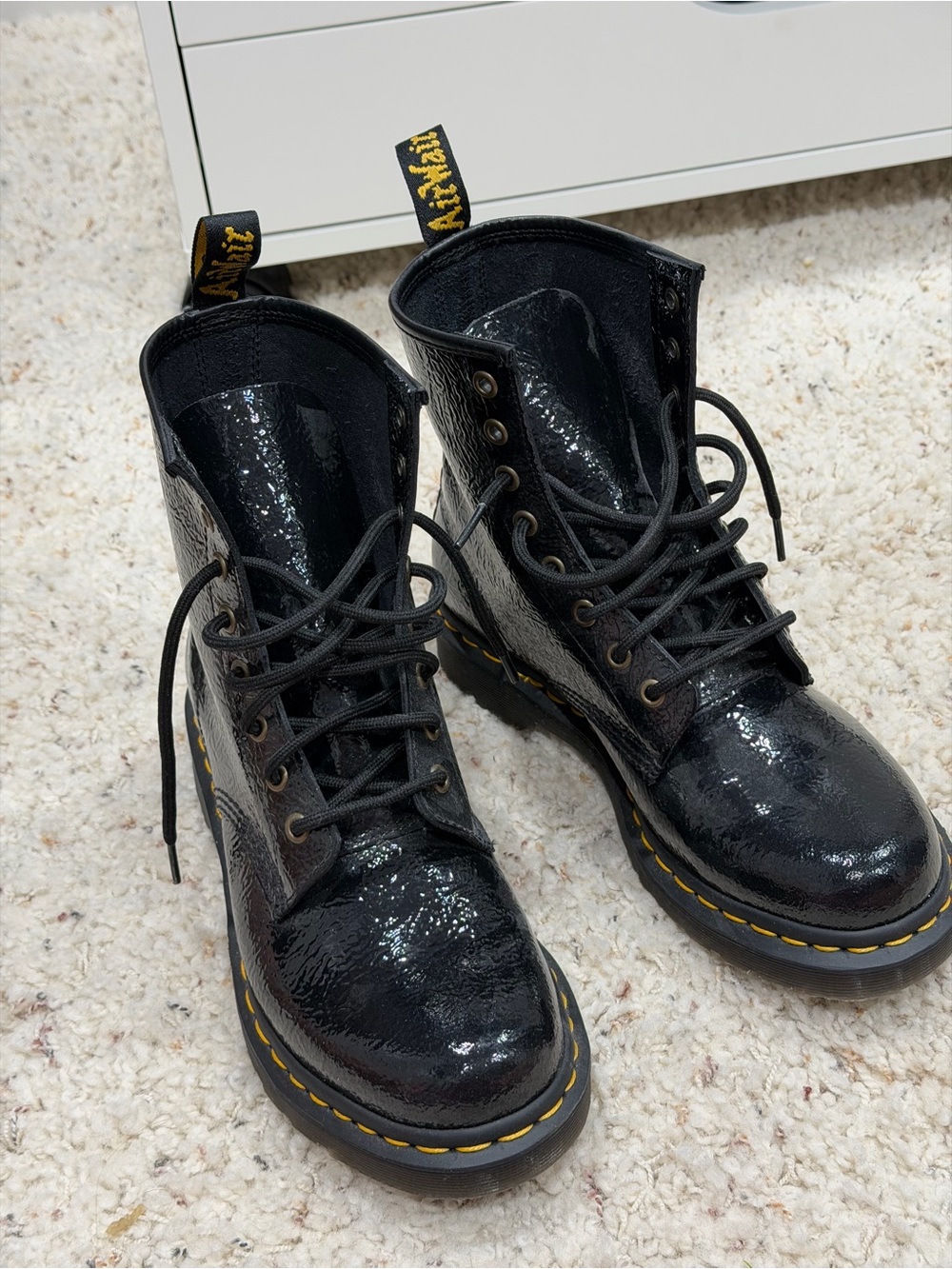 Dr. Martens Black Patent Lace-Up Boots with Yellow Stitching